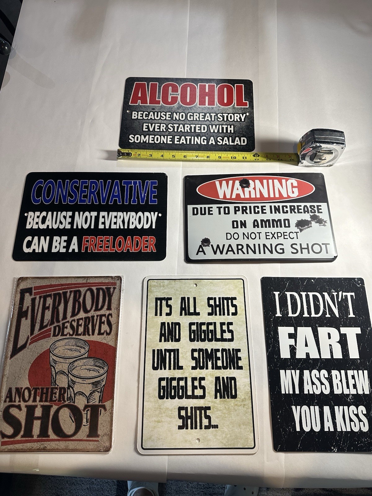 Lot of 6 Funny Novelty Metal Wall Signs Plaques Humor Quotes 12×8 Matte