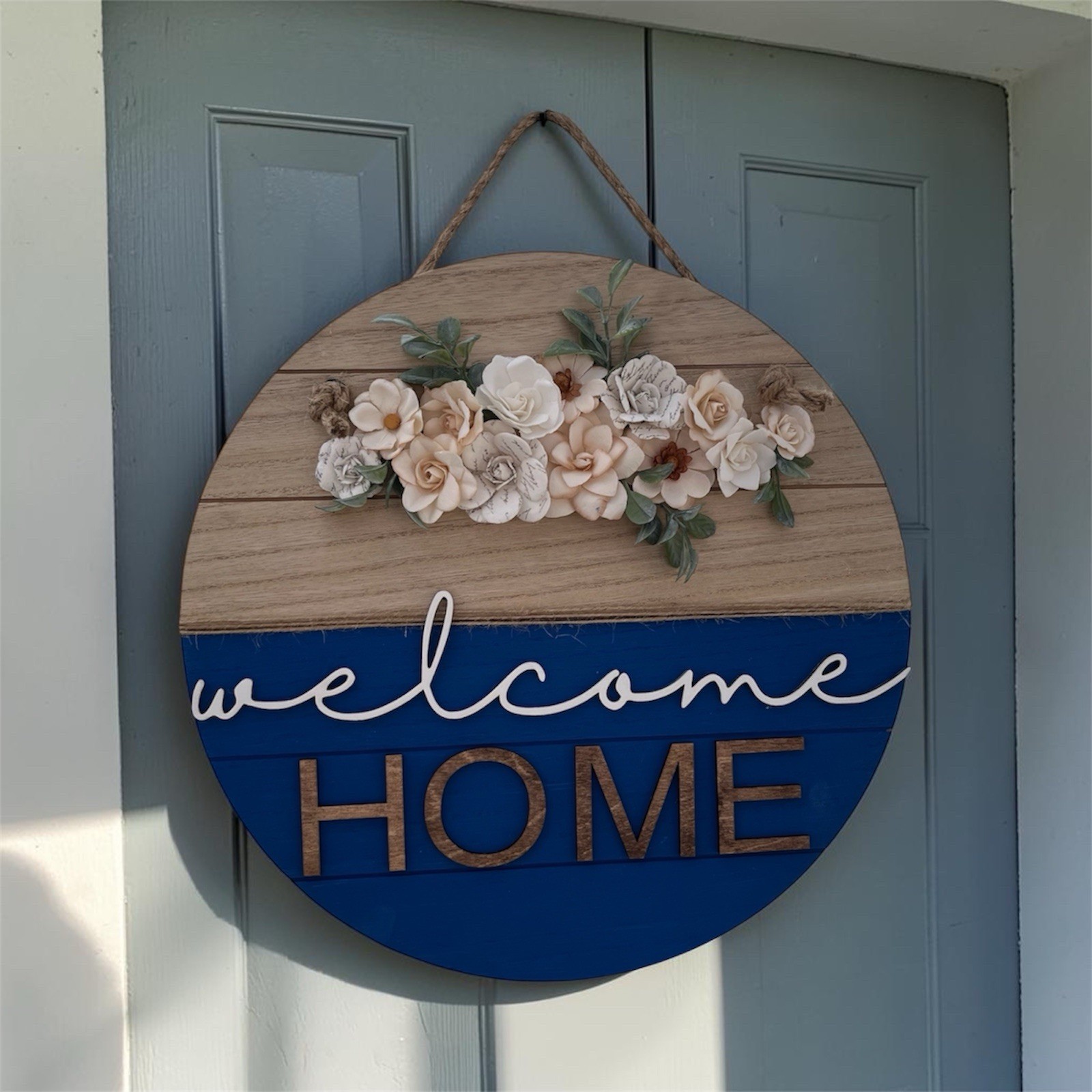 Round Floral Welcome Wood Hanging Sign Blue Beige Rope Painted Door Wall
