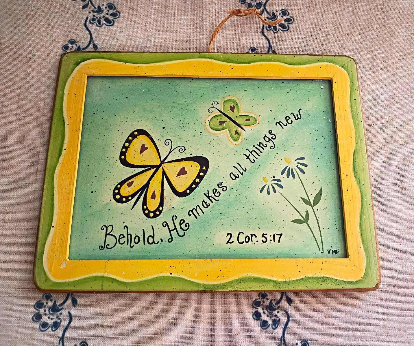 Painted Wood Rectangle Hanging Wall Plaque Butterfly «Behold, He makes all»