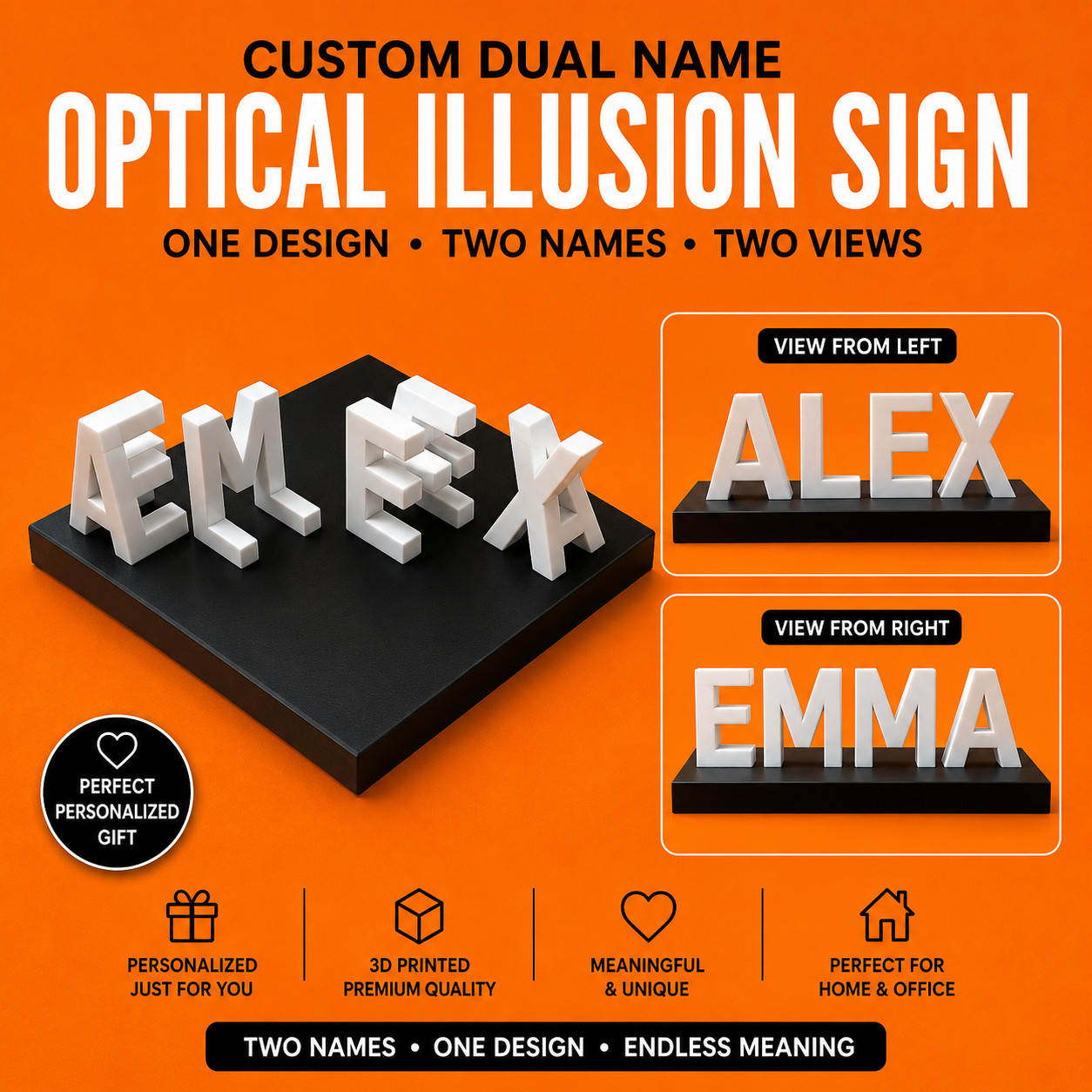 Illusion Sign Custom Dual Name Personalized 3D Printed Couple Gift Multi Color