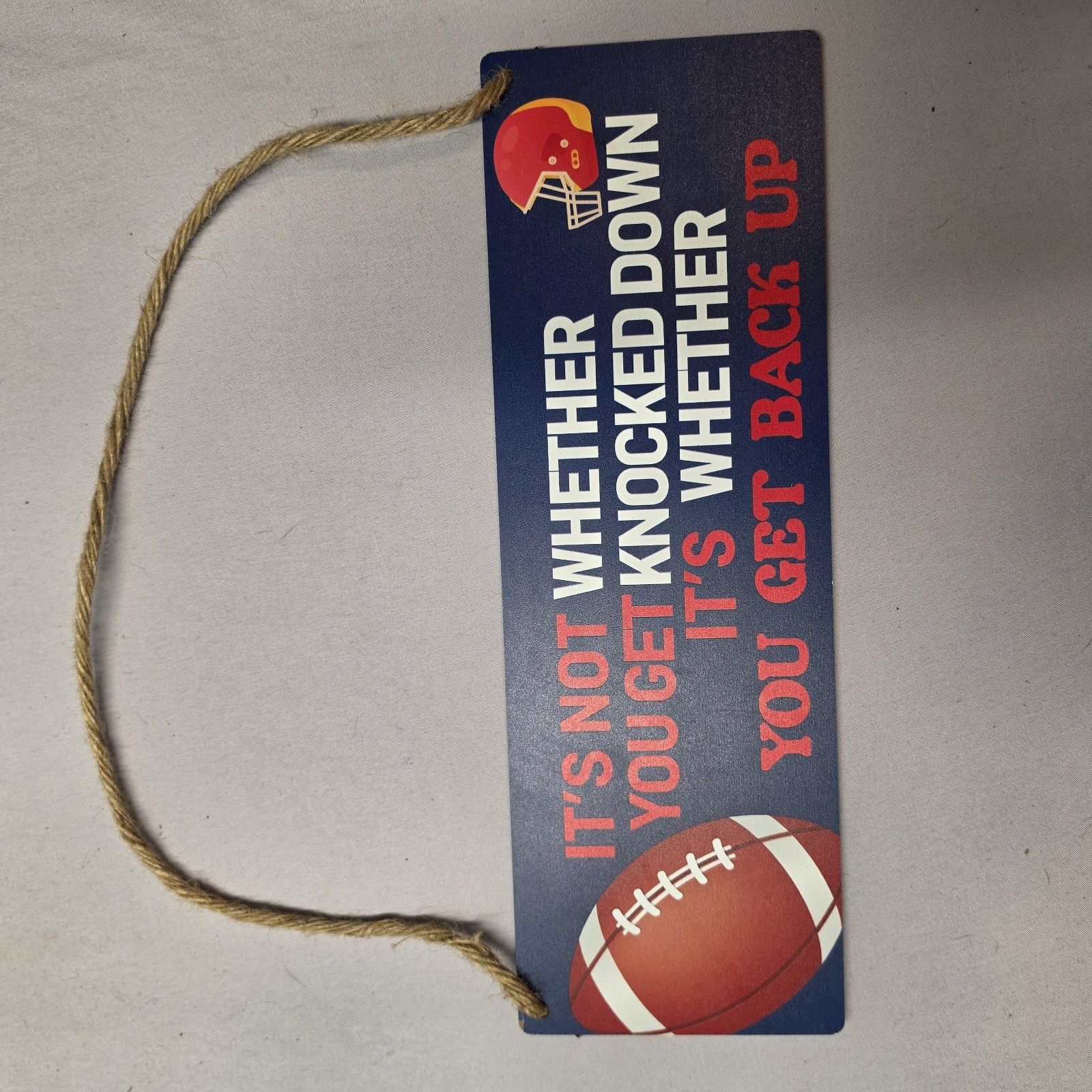 Wood Hanging Sign Motivational Football Quote Sports Decor Blue Red White