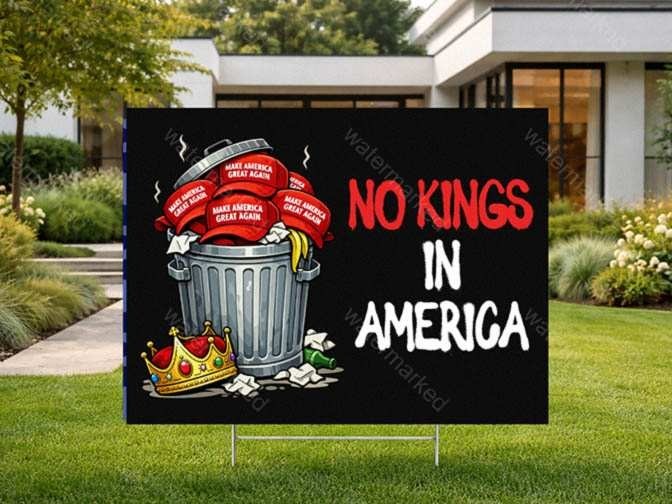 No Kings In America Political Yard Sign Anti Trump MAGA Hat Trash Can Lawn Decor