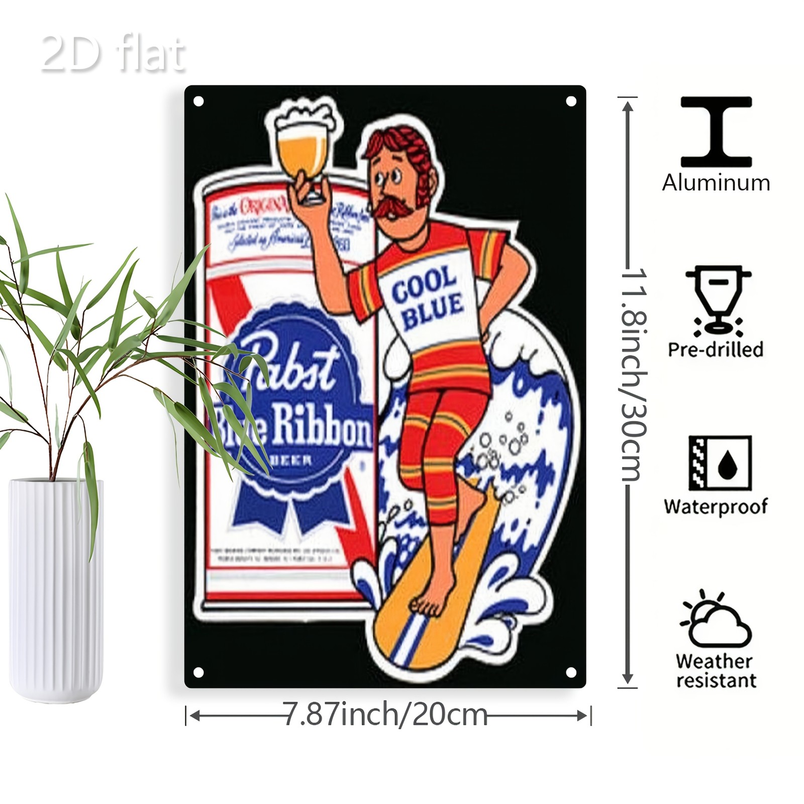 Aluminum Metal Tin Sign Wall Art Retro Surfing Dog Pabst Blue 8×12