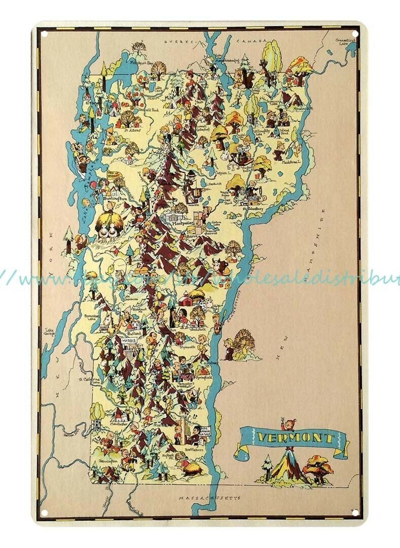 Plaques wall art Pictorial map of VERMONT state by Ruth Taylor 1935 metal sign