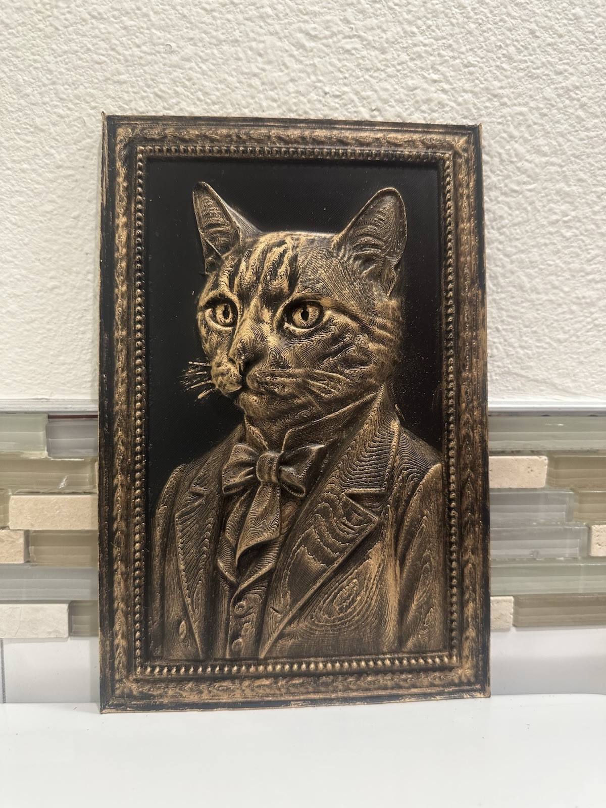 3D Vintage Antique Portrait Cat In Suit 8” X 8” Plaque Wall Art Sculpture