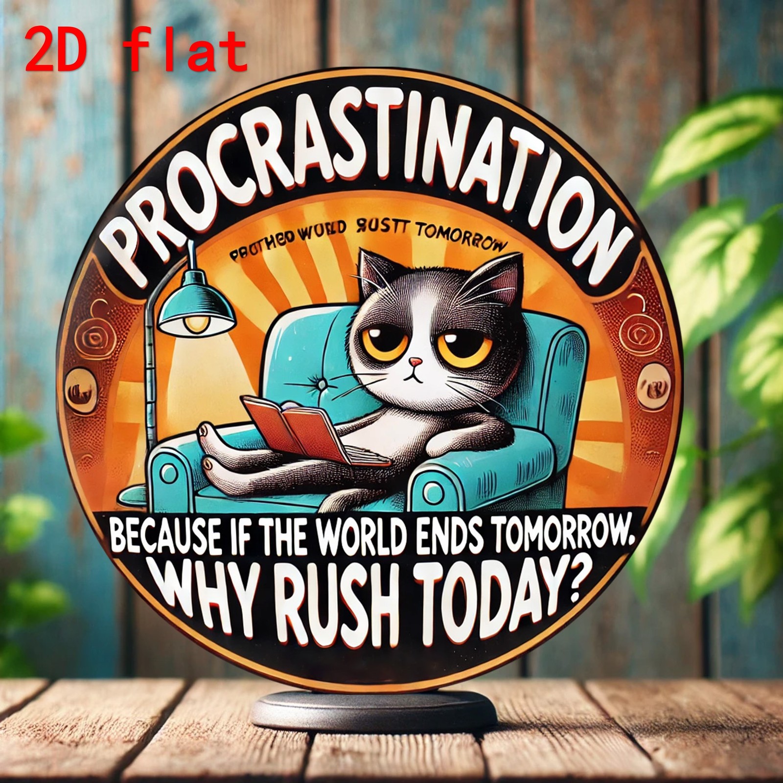 Aluminum Cat Sign Unbranded Lazy Cat Round 8 Inch Funny Procrastination