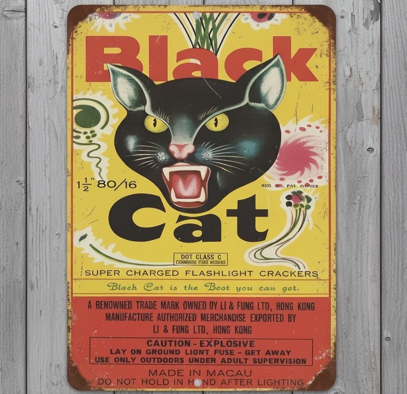 Black Cat Fire Crackers 12 x 18 Vintage Novelty Metal Sign Made In USA