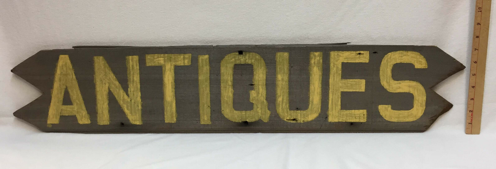 Weathered Lapped Barn Wood Sign » ANTIQUES » in Yellow Paint 38″ x 7 1/4″
