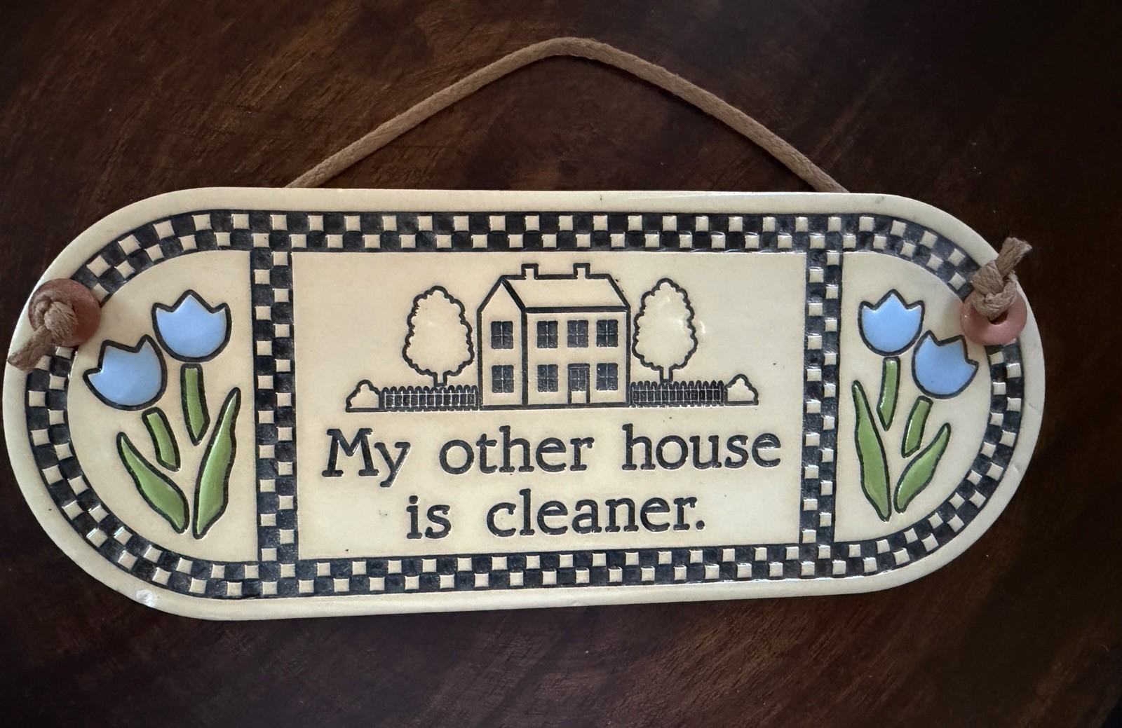 Trinity Pottery Handmade Hanging Wall Plaque Checkered Quote «My Other House»