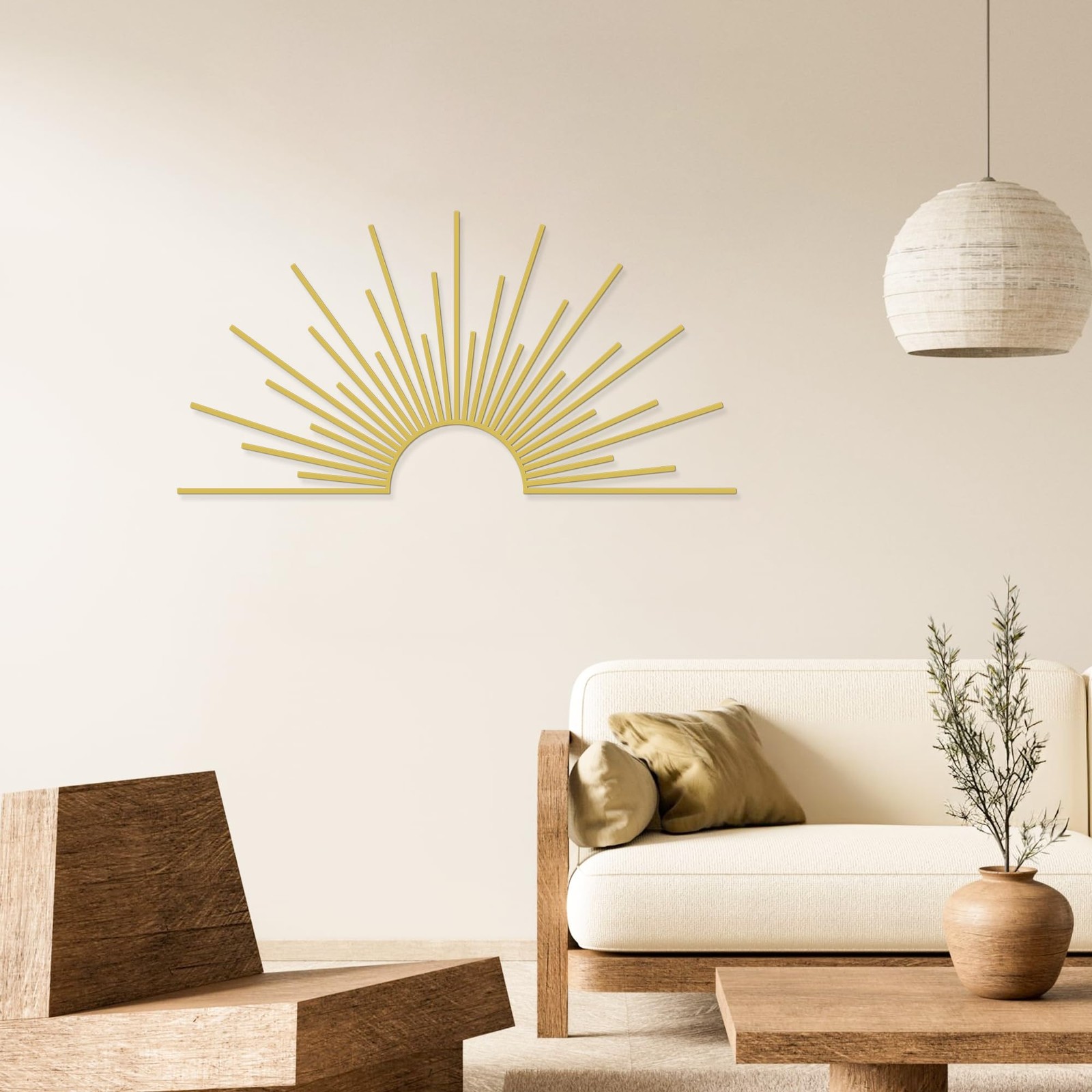 Gold Metal Sun Wall Decor 31.5×15.7 Modern Geometric Sculpture Art