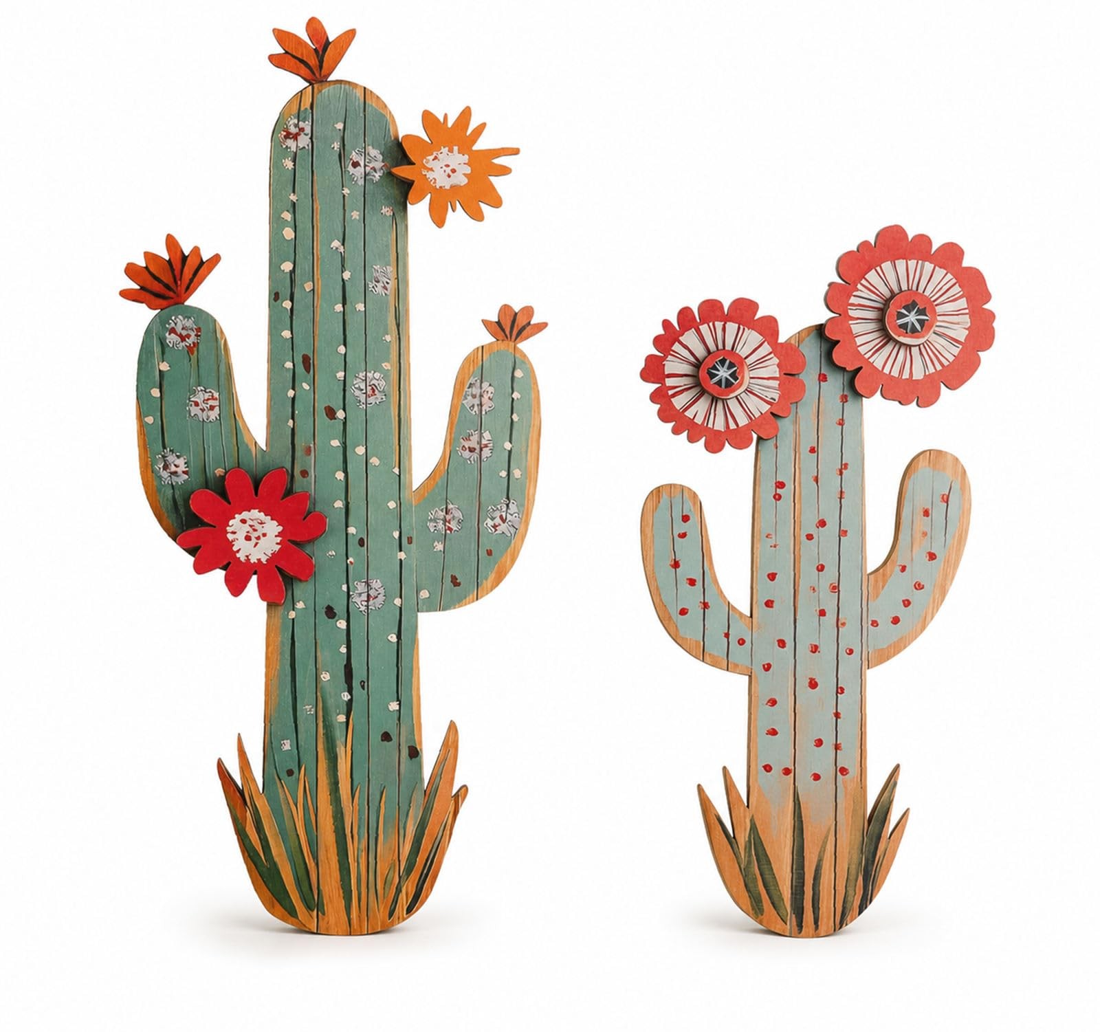 15.7in Layered Cactus Wall Decor, Set of 2 Wooden Cactus Flower Picture South…