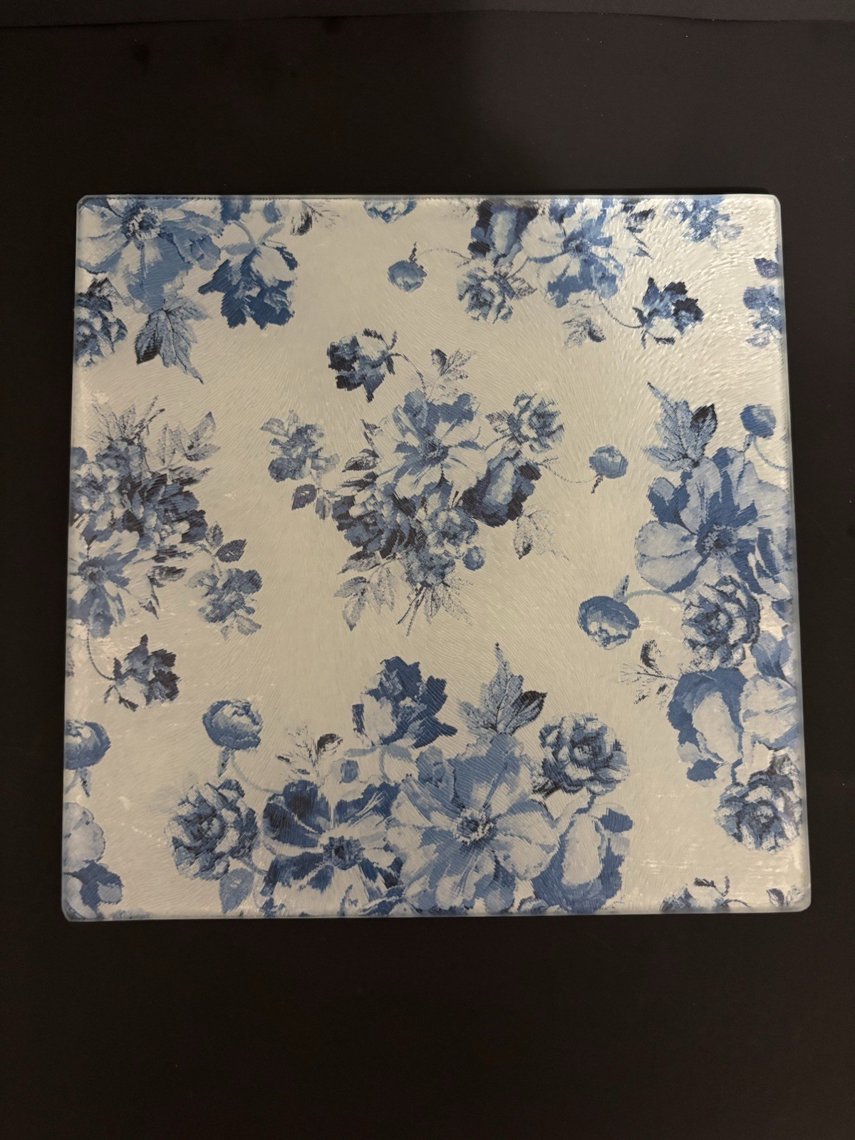 Glass Plaque Home Decor 8in X 8in- Blue And White Floral Design