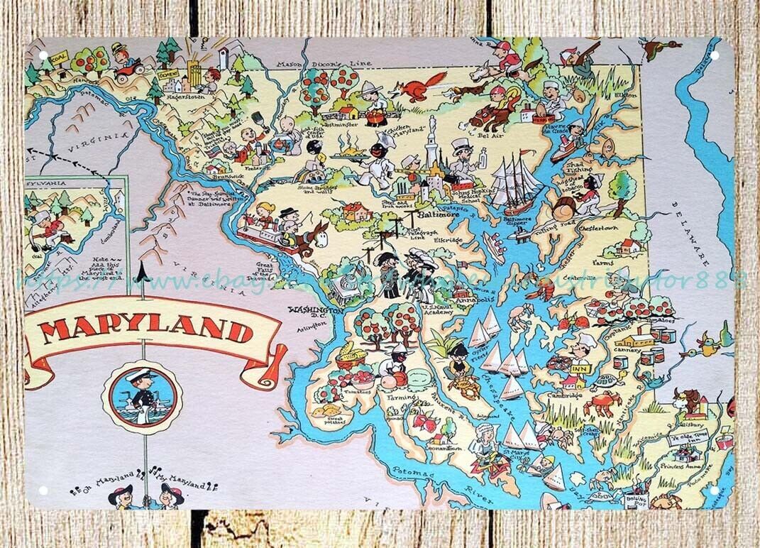 Pictorial map of MARYLAND state by Ruth Taylor 1935 metal tin sign home decor