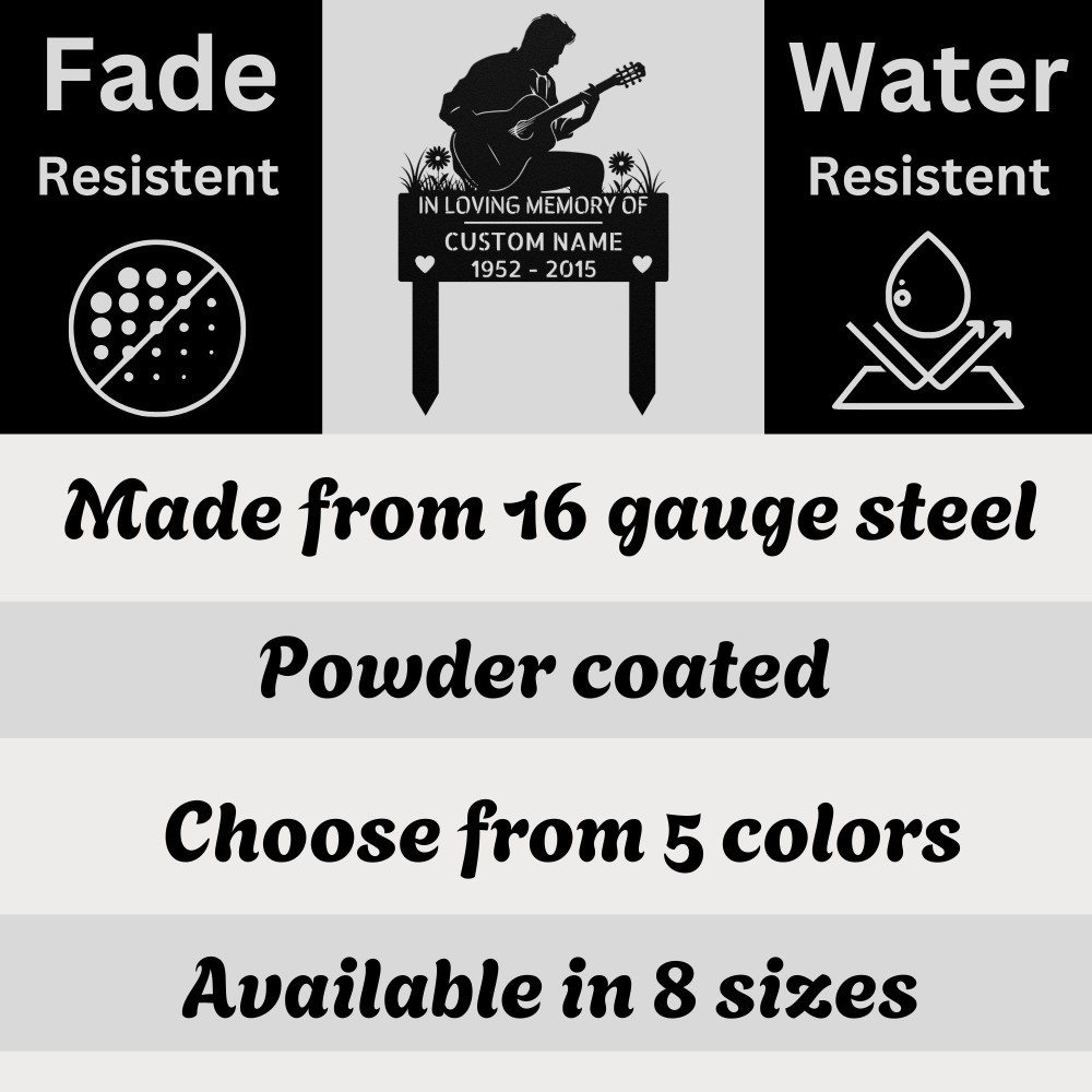 Custom Musician Memorial Metal Sign Guitar Player Tribute Yard Grave Marker