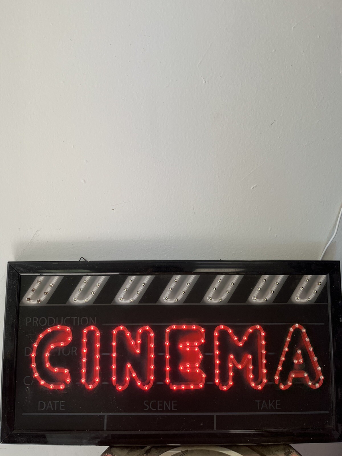 Light Up Cinema Sign . Black With Red And White Lights.
