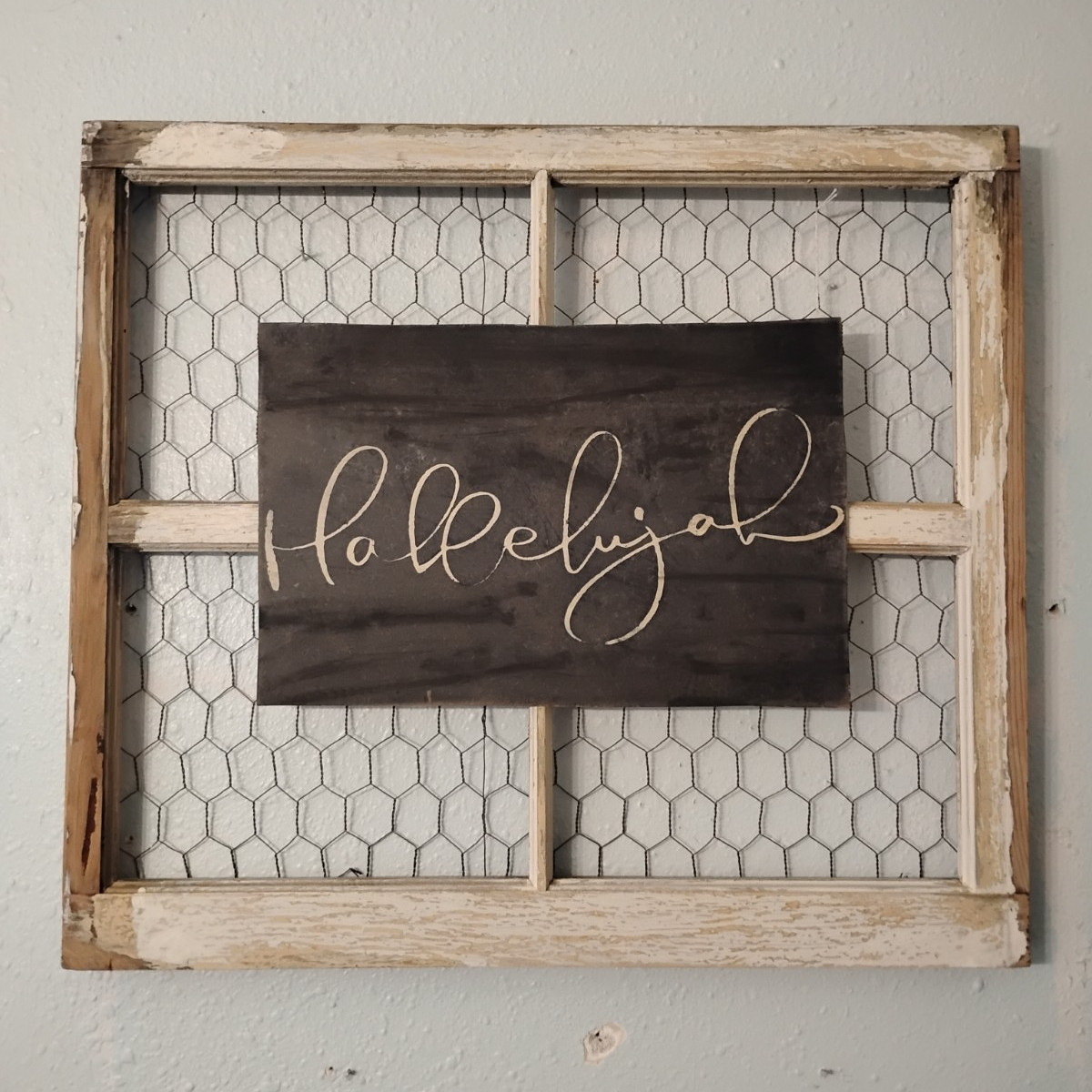Farmhouse Hallelujah Wood & Metal Wall Sign, Chicken Wire Frame, White/Brown