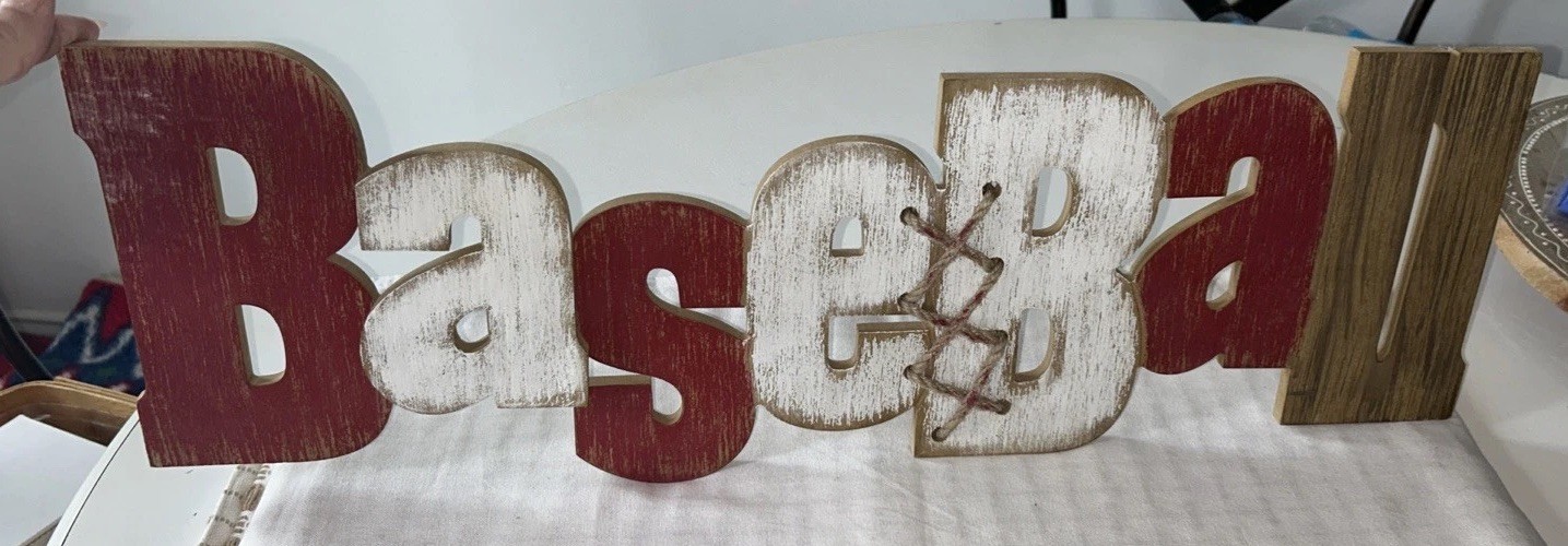 Baseball Wood Art Wall Hang w Jute Rope Lacing Rustic Distressed Bedroom Cave