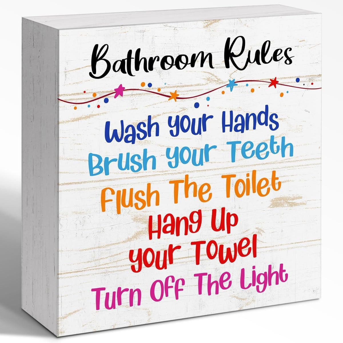 Colorful Bathroom Rules Quote Wooden Box Sign with Fun Multicolor Lettering