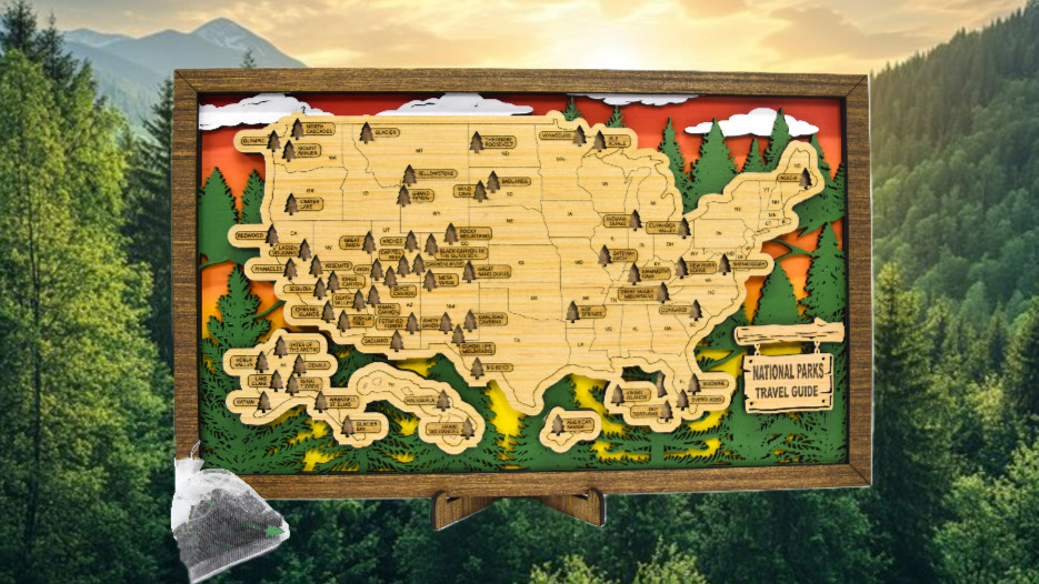 NPS National Parks Travel Map Handmade Wall Decor Tracker Hiking Gift Wood 16×10
