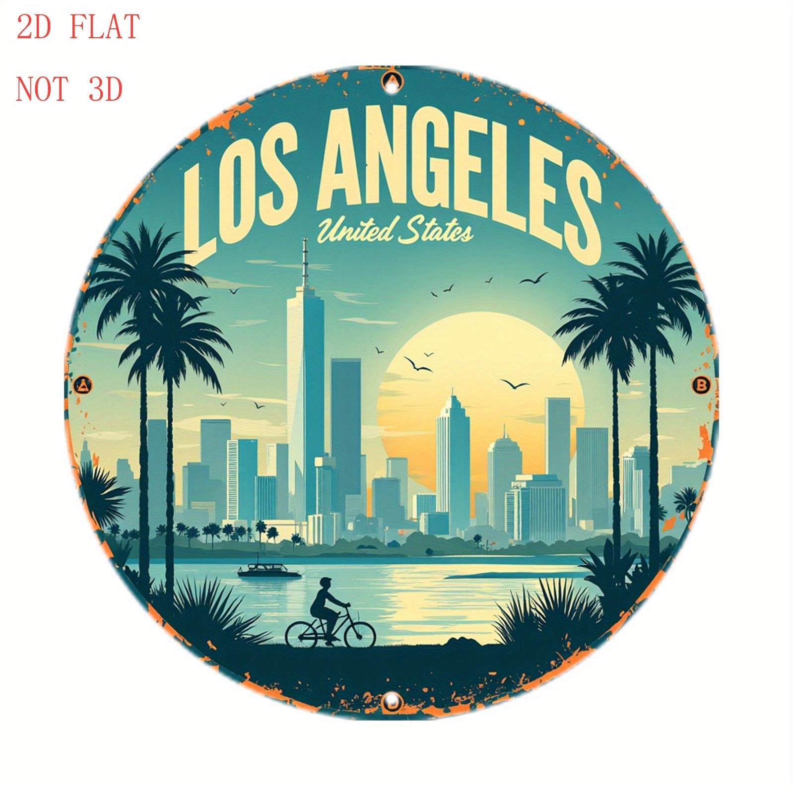 Aluminum City Sign Round 8 Inch Los Angeles Skyline Sun Palm Trees Funny