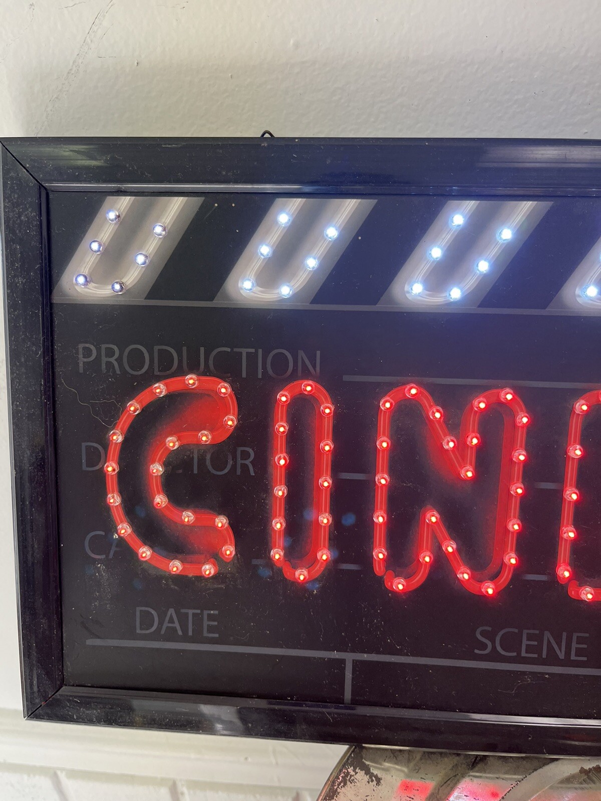Light Up Cinema Sign . Black With Red And White Lights.