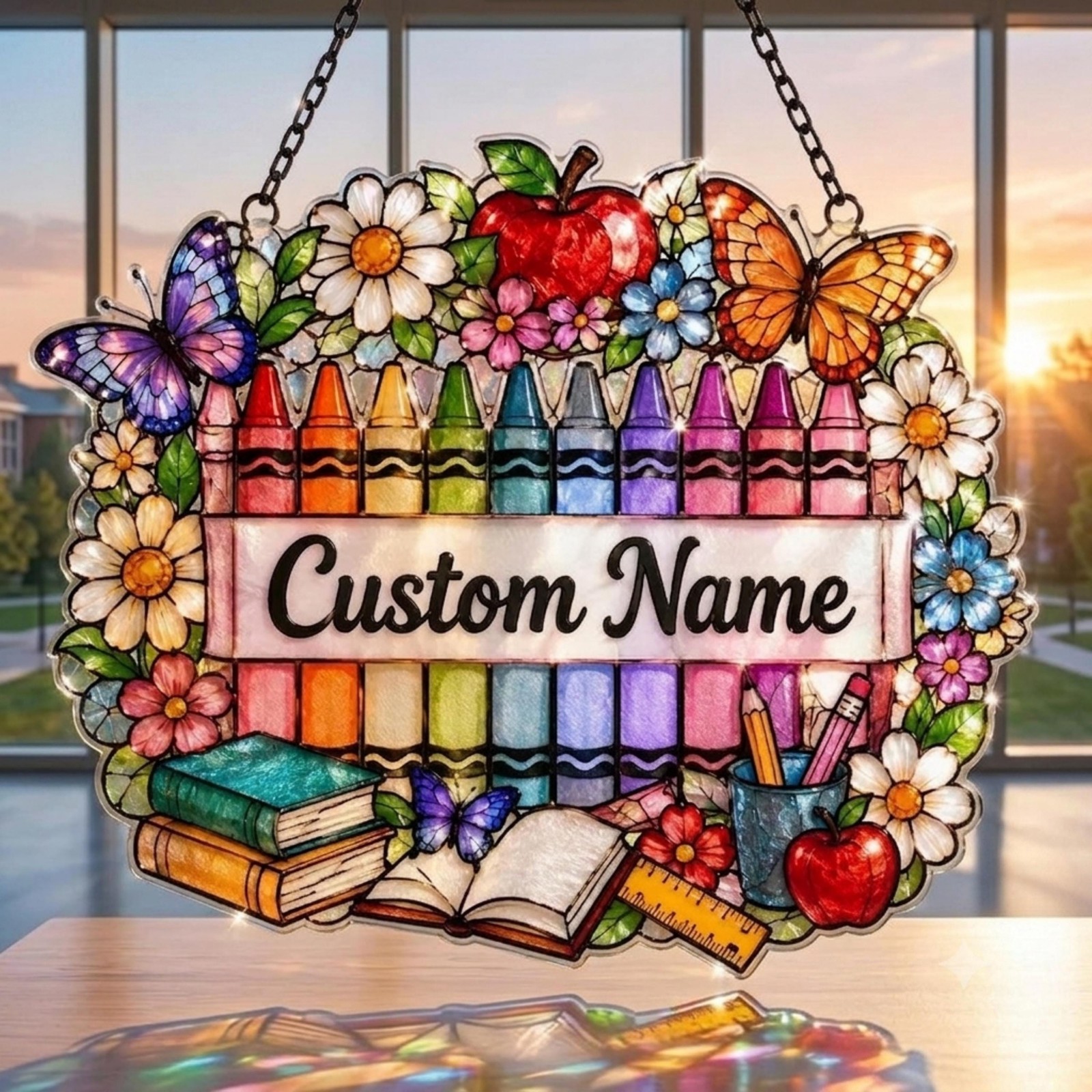 Custom Teacher Name Suncatcher – Personalized Crayon Acrylic Classroom Decor