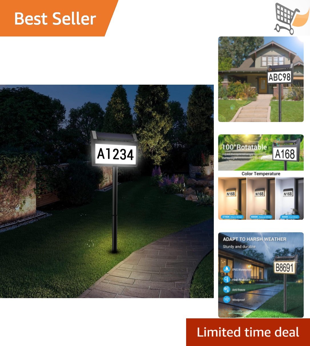 Solar House Number Sign LED Illuminated Outdoor Address Plaque Waterproof