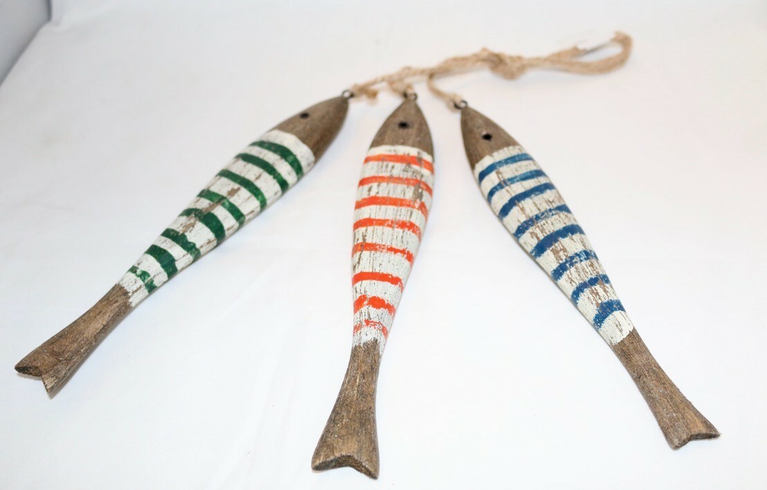 Primitives by Kathy Rustic Fish Hanging Decor Set 3 Striped Beach House Coastal