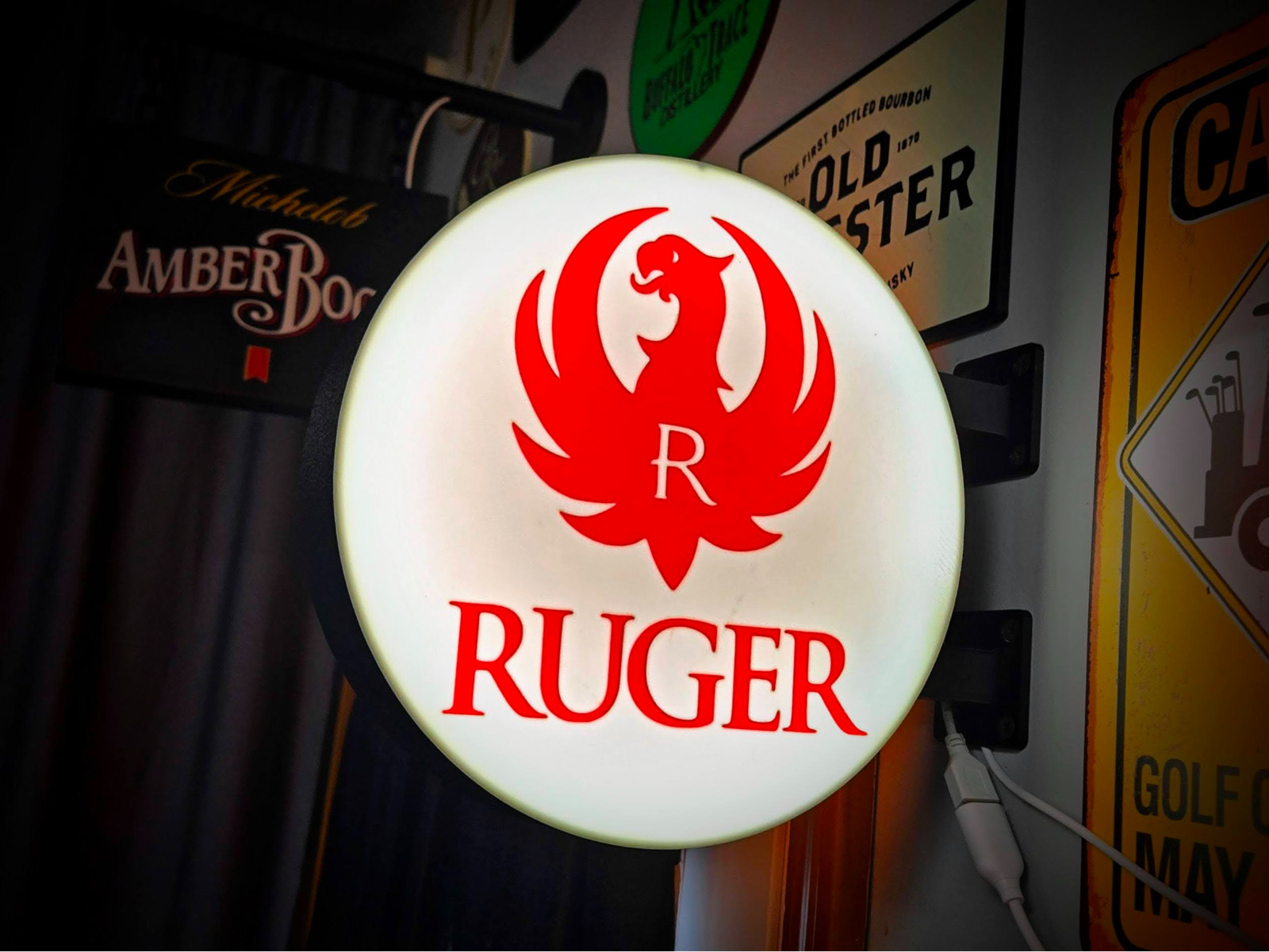 Ruger LED Lightbox Sign 3D Printed Round Wall Mount Man Cave Garage Decor