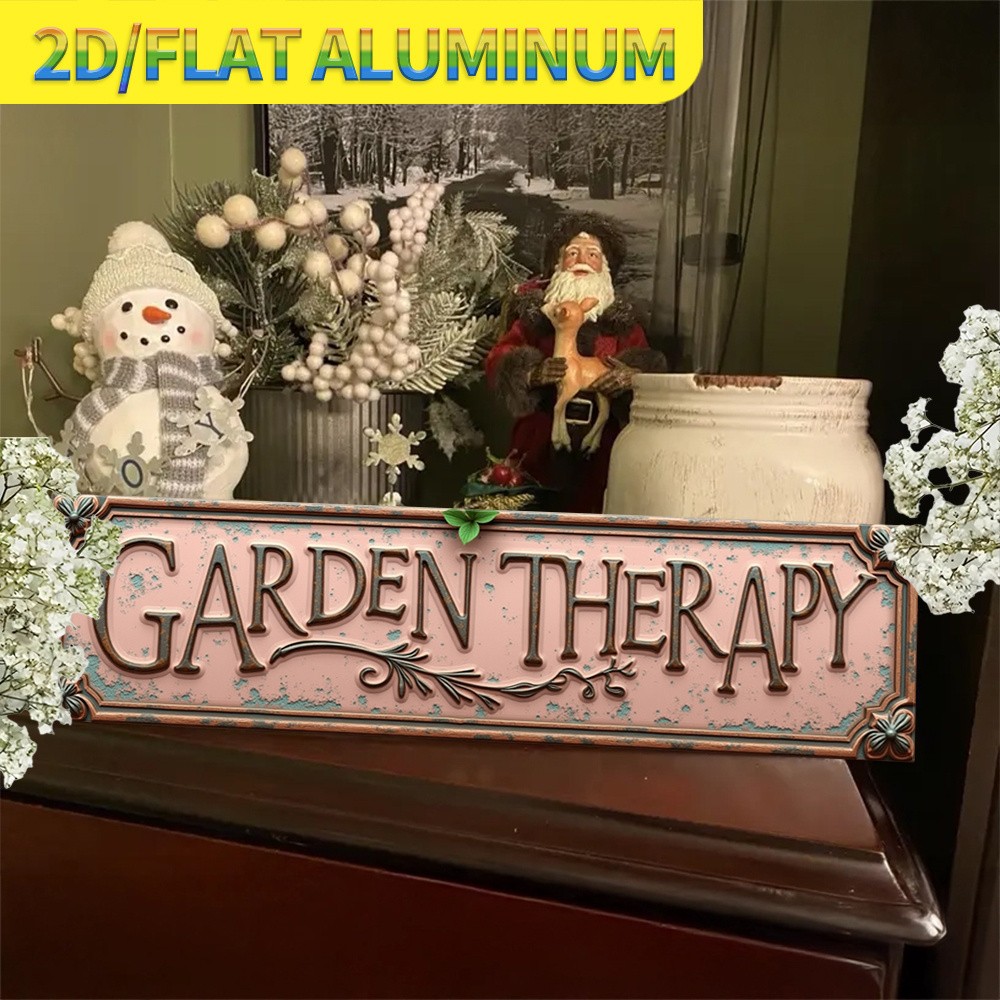 Garden Therapy Ornate Floral Metal Sign Distressed Pink Rustic Wall Decor Plaque