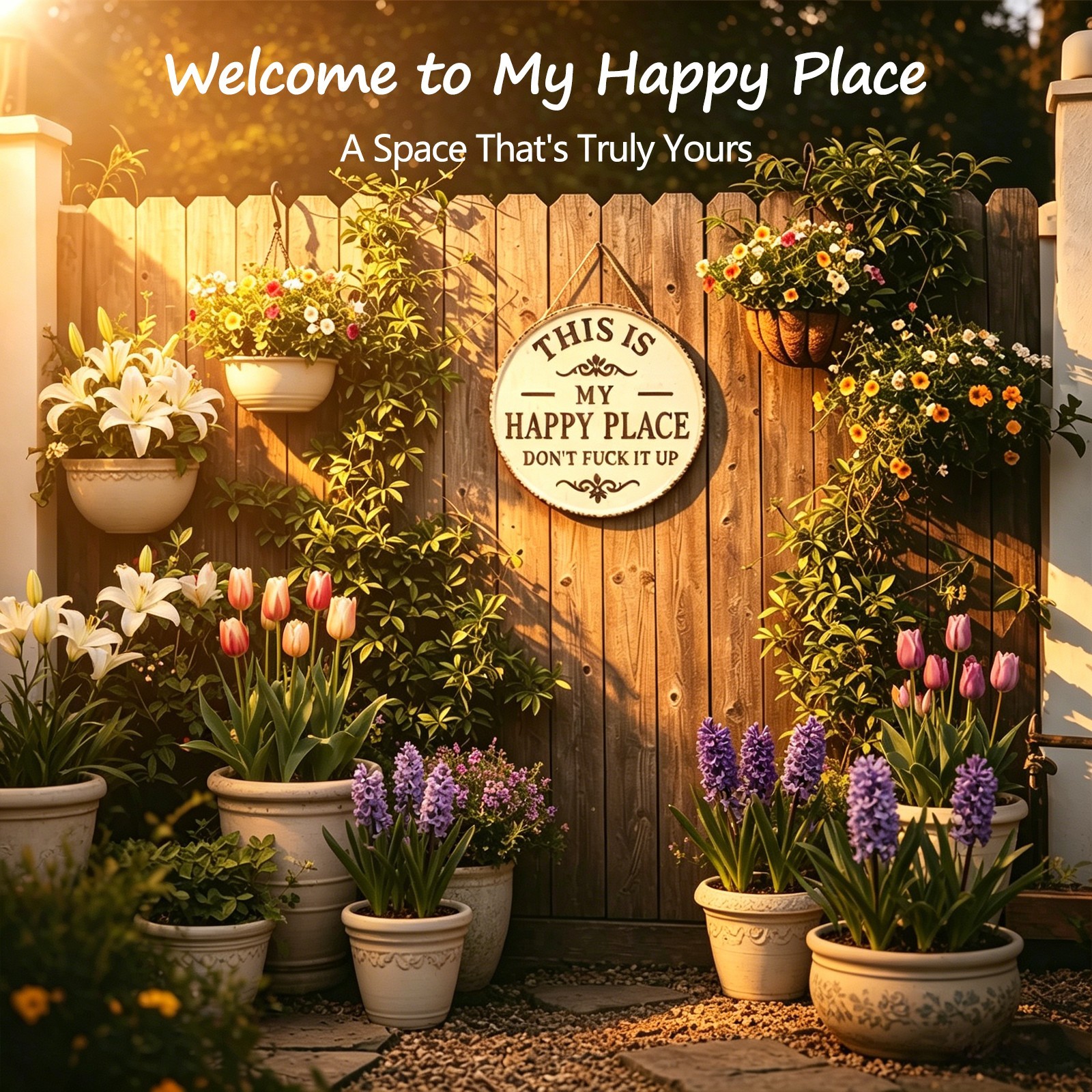 Vintage Round Metal Sign “This Is My Happy Place” Wall Hanging Plaque