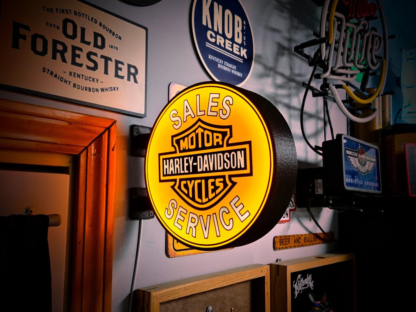 Harley Davidson Service LED Lightbox Sign 3D Printed Round Wall Mount Man Cave
