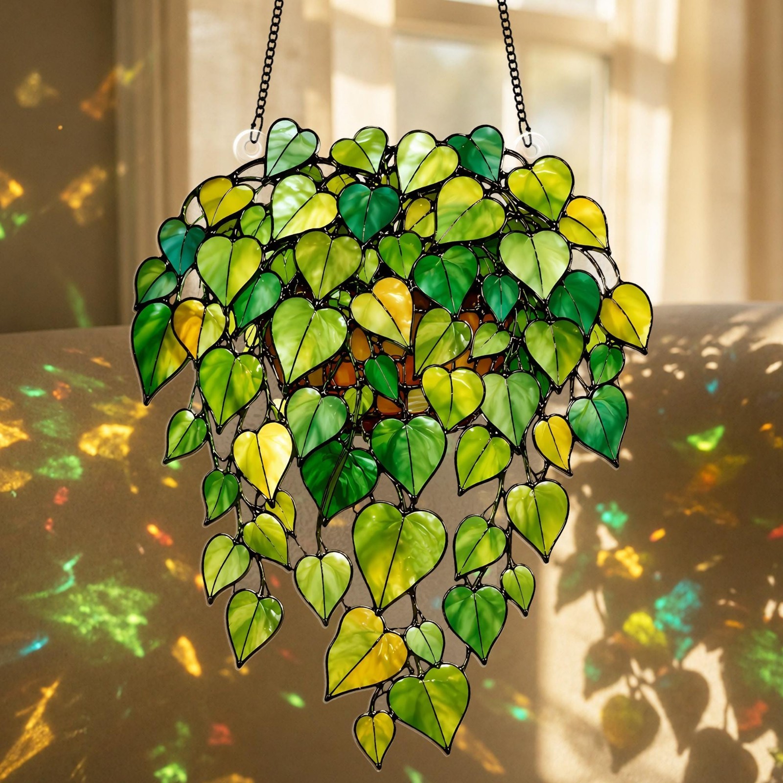 Stained Glass Hanging Plant Suncatcher Green Leaf Ivy Window Decor Gift for