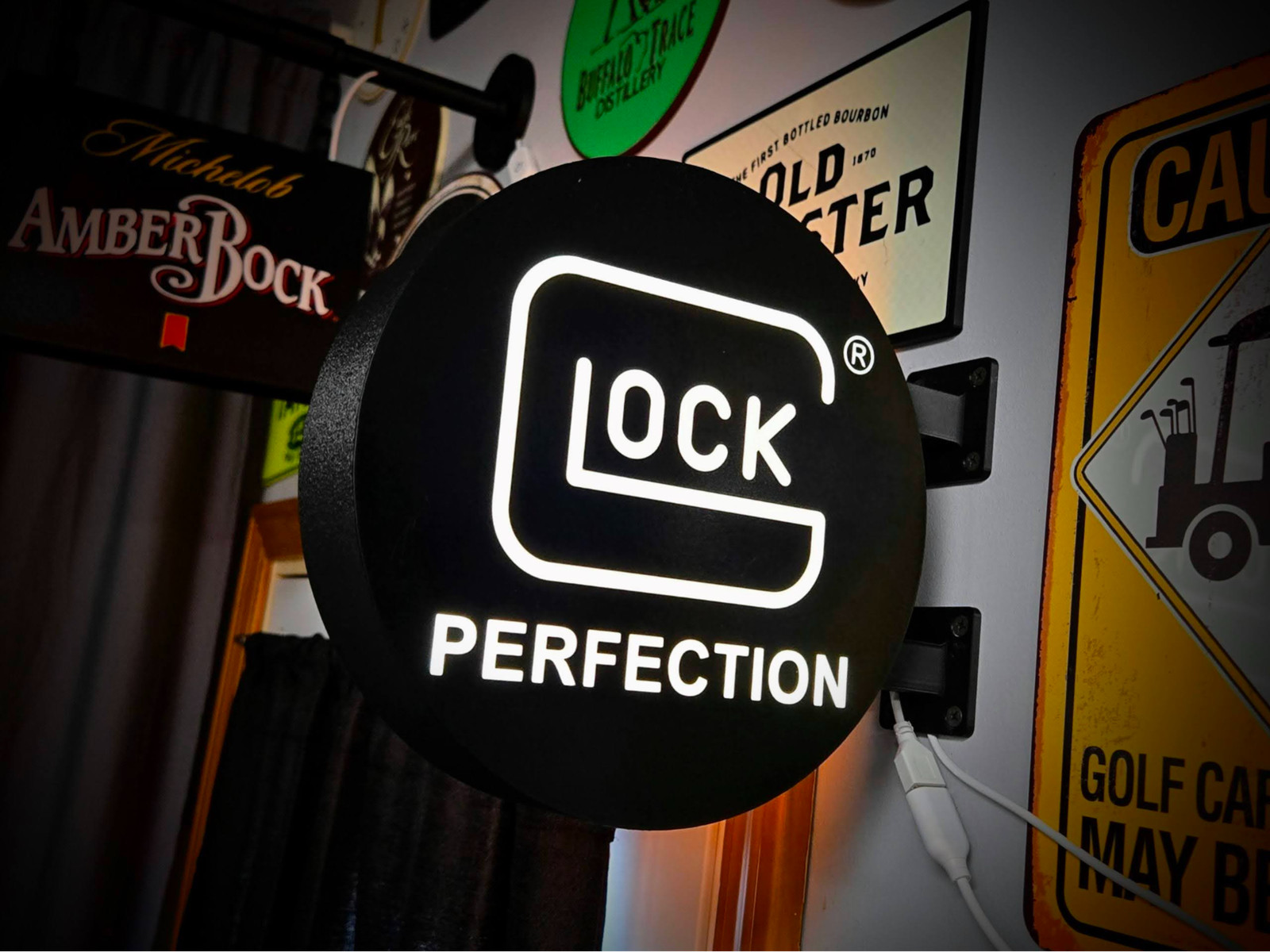 Glock Perfection LED Lightbox Sign 3D Printed Round Wall Mount Man Cave