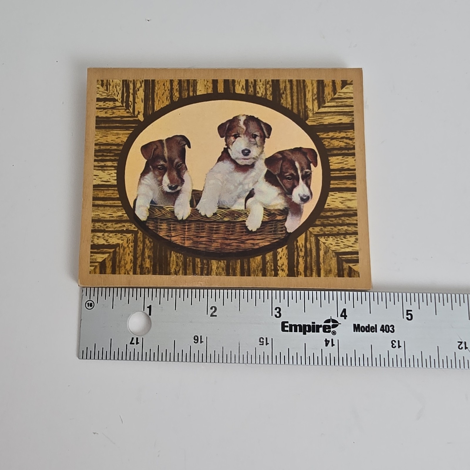 Vtg Miniature Lacquered Dog Wall Plaques Set of 2 Puppy Terrier 4.5×3.5 MCM