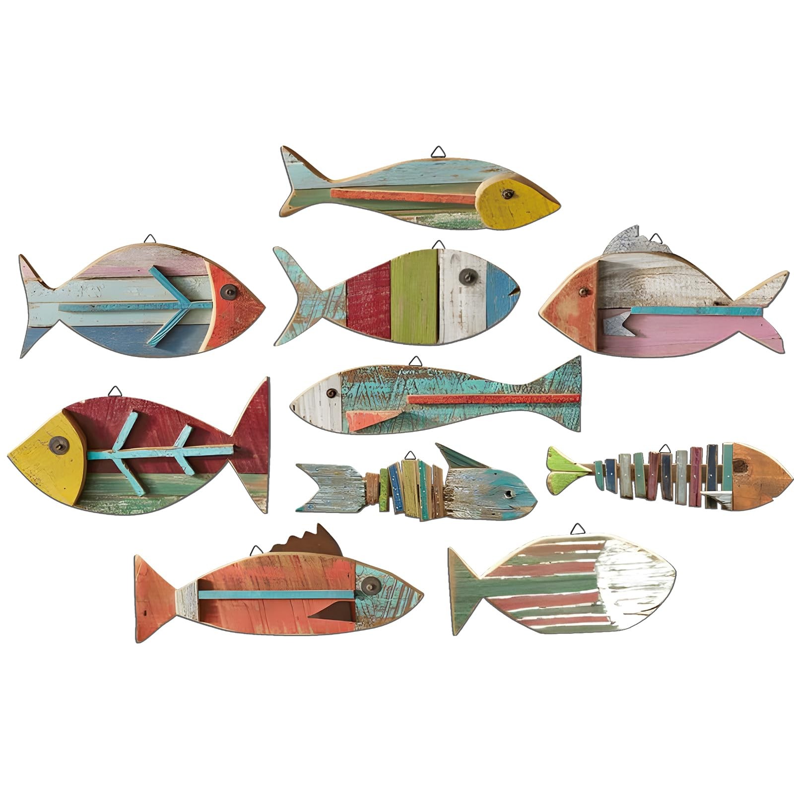 10 Pcs Wooden Fish Wall Decor Wood School of Fish Coastal Wall Decor Beach Wall.