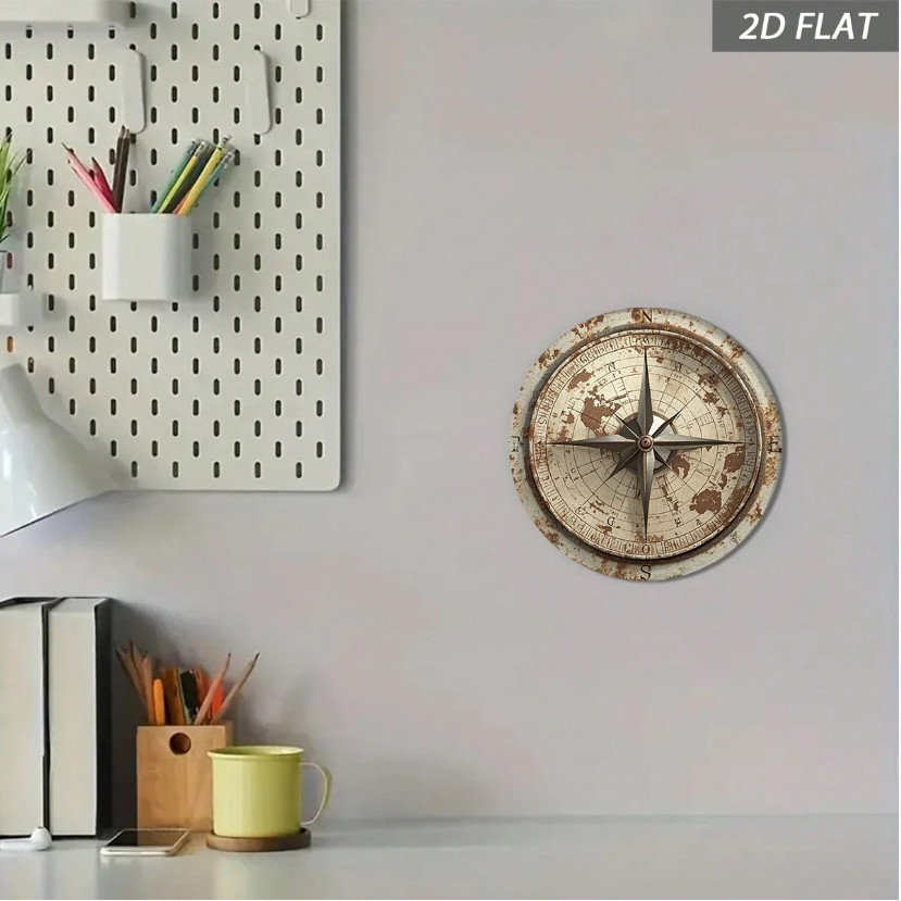 A Retro Compass Wall Decoration 8X8 in Circular Aluminum Sign Featuring A Weath