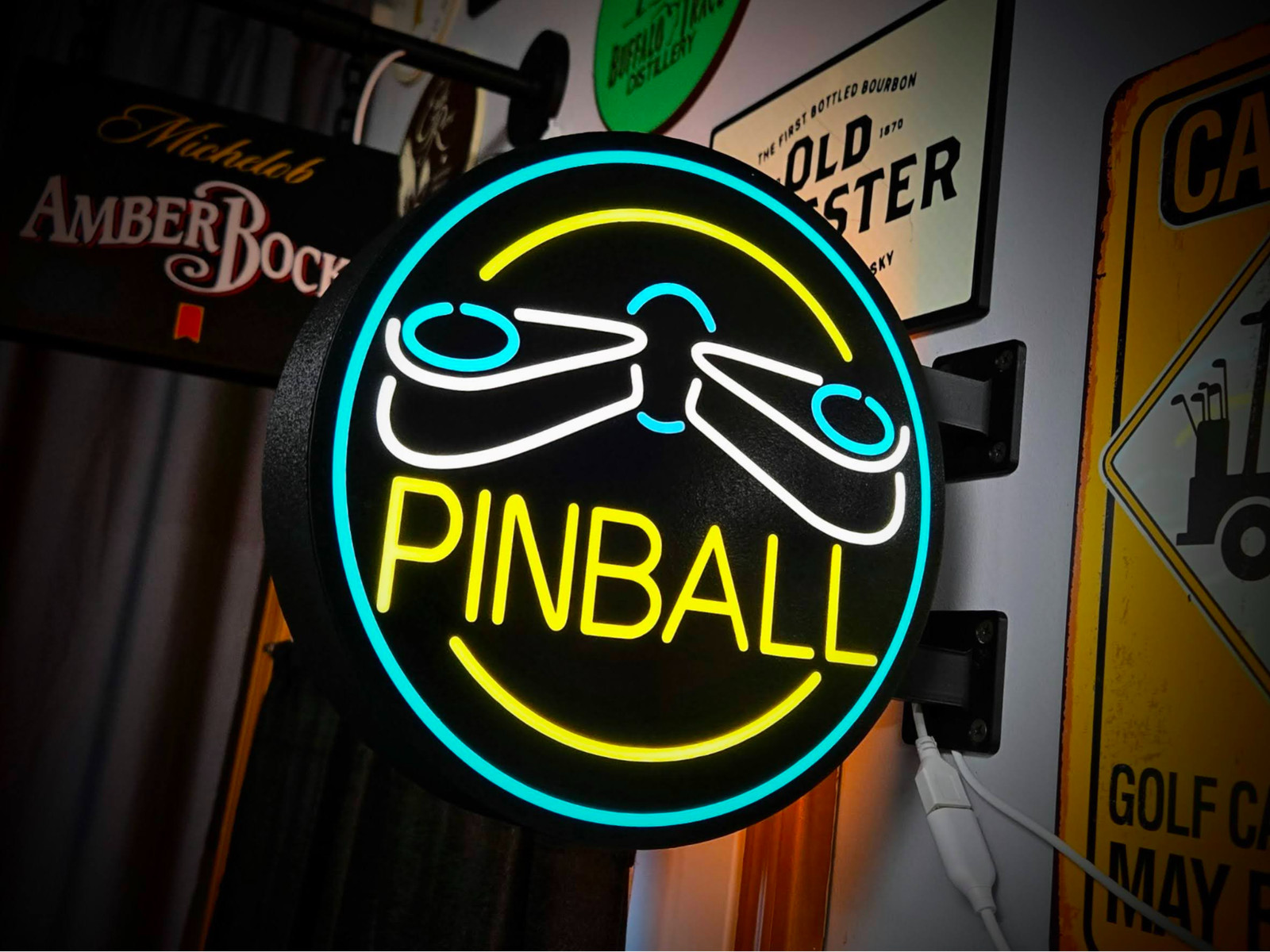Pinball LED Lightbox Sign 3D Printed Round Wall Mount Man Cave Garage Decor