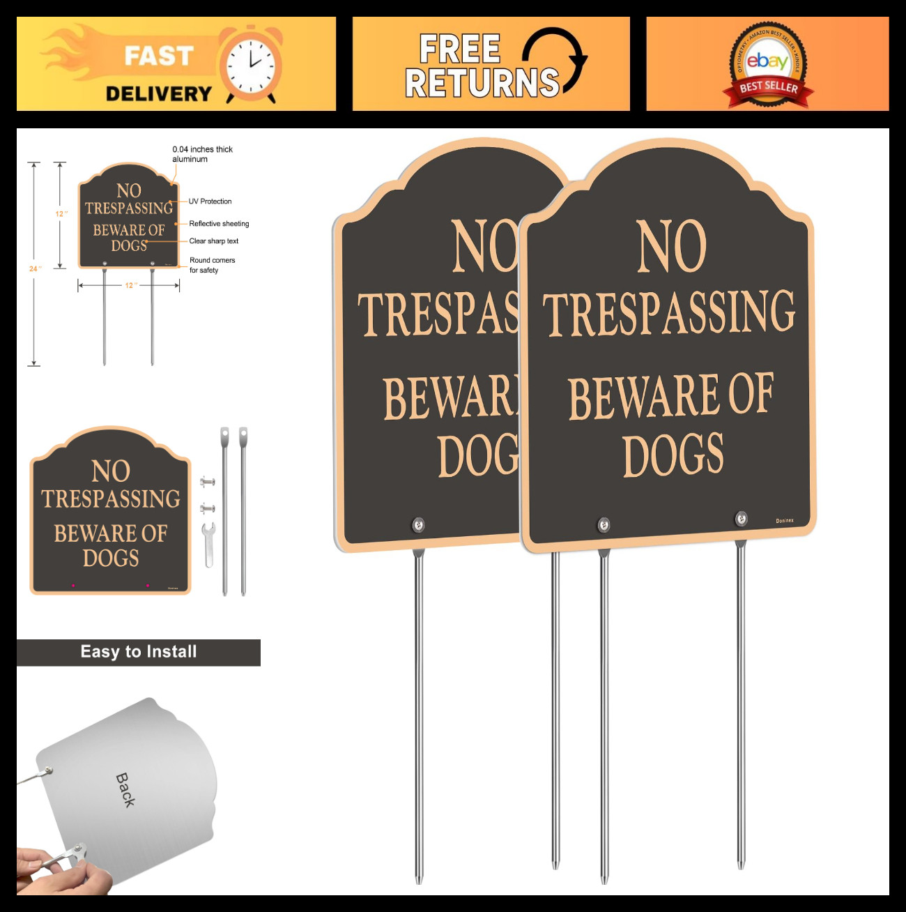 2 Pack 12×12 Inch Reflective No Trespassing Beware of Dog Sign – Weatherproof Me