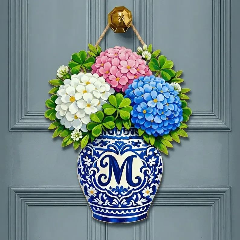 Hydrangea Door Hanger Chinoiserie Blue and White Ginger Jar Wood Sign Monogram
