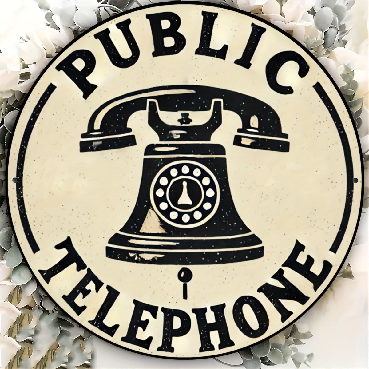 Vintage Public Telephone Round Metal Sign Retro Rotary Phone Wall Decoration