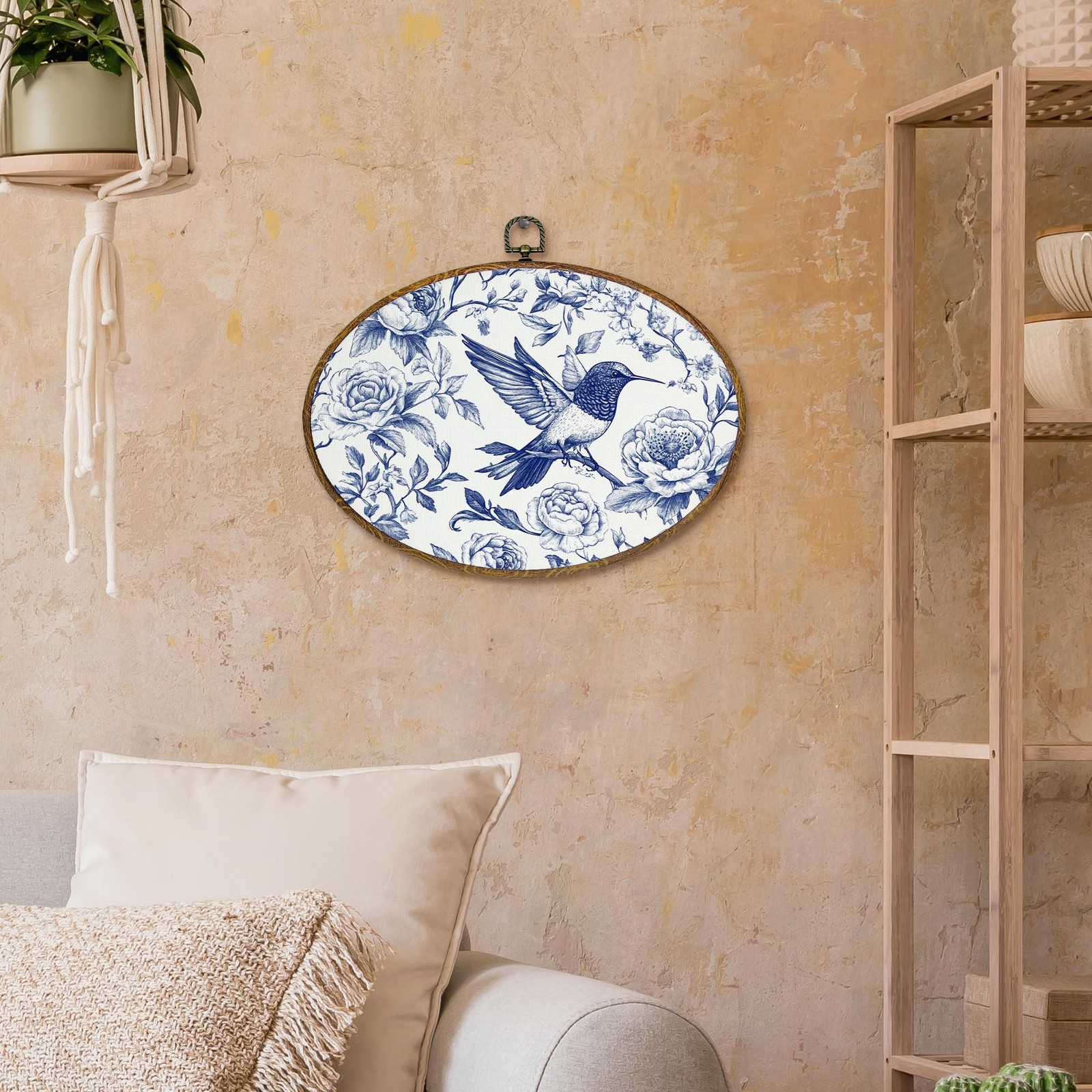 Chinoiserie Hummingbird Floral Oval Wall Art Decor, Blue and White Chinoiseri…