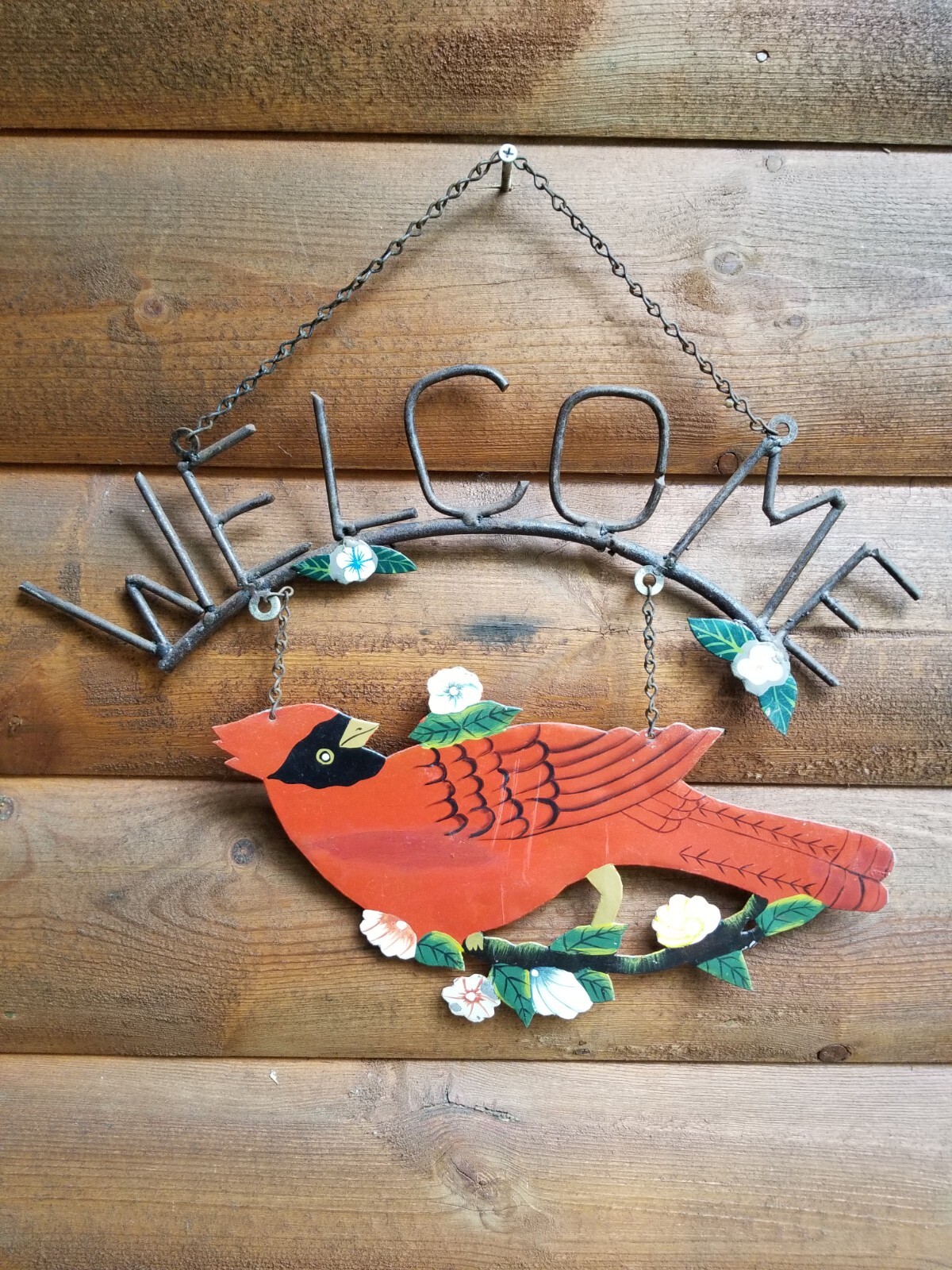 VTG Rustic Metal Cardinal Bird Welcome Sign Indoor Outdoor Hanging Songbird 18″