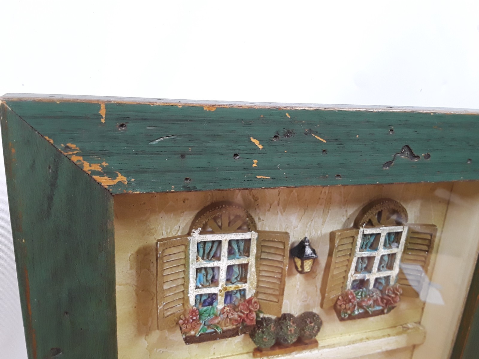 Vintage Flower Shop Shadow Box 3D Wood Glass Green Distressed Frame Wall Hanging