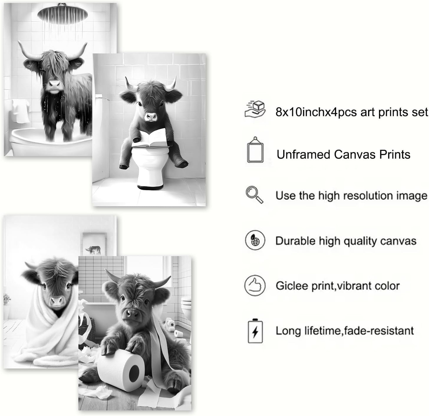 Funny Highland Cow Canvas Prints – Rustic 8x10inch Bathroom Wall Art Set
