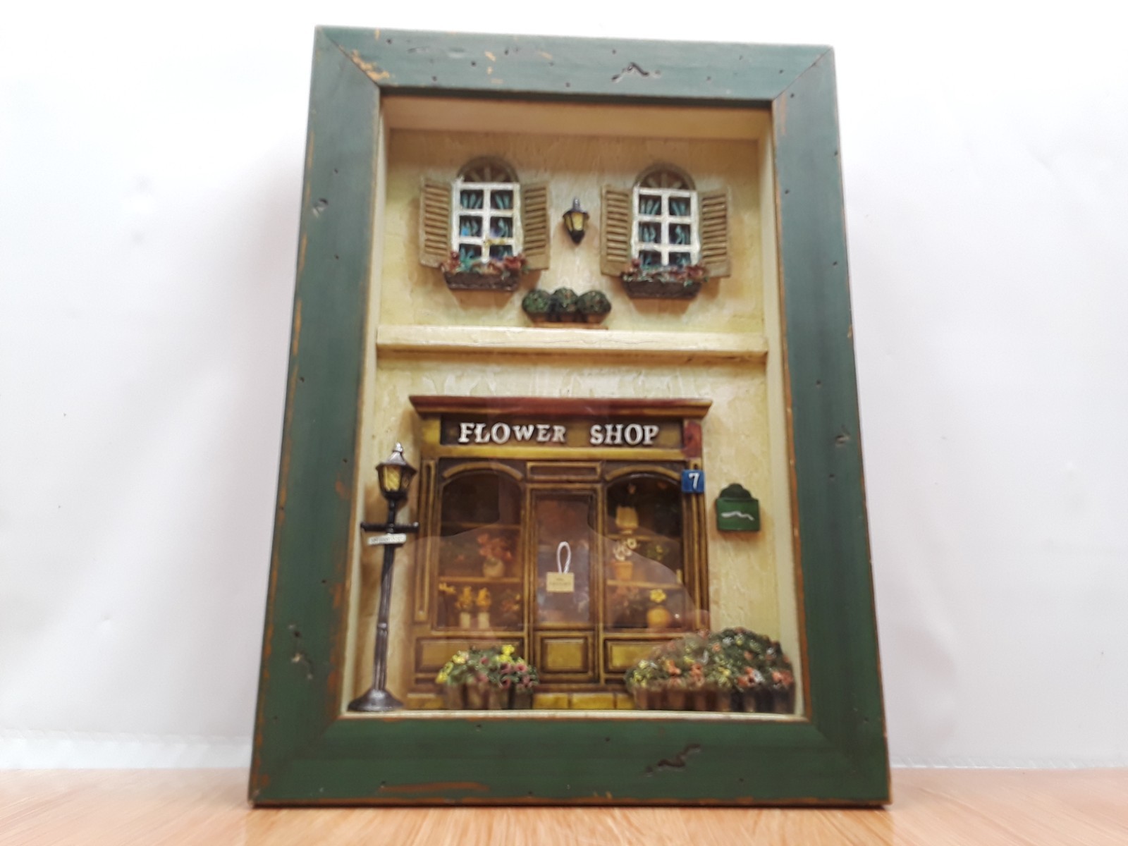 Vintage Flower Shop Shadow Box 3D Wood Glass Green Distressed Frame Wall Hanging
