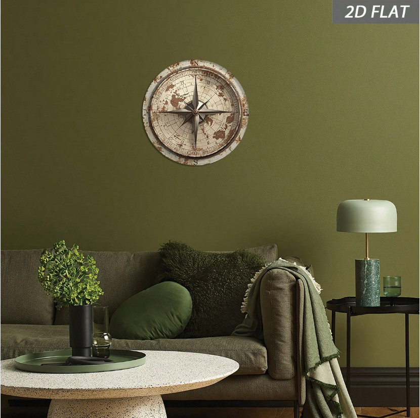 A Retro Compass Wall Decoration 8X8 in Circular Aluminum Sign Featuring A Weath