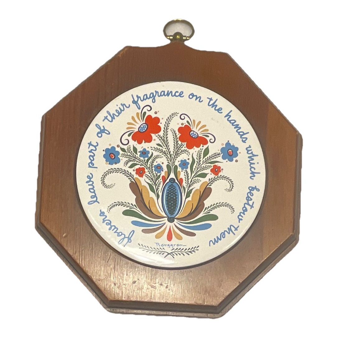 Octagon Wood Wall Plaque Hanging Folk Art Floral Flowers Brown Multicolor