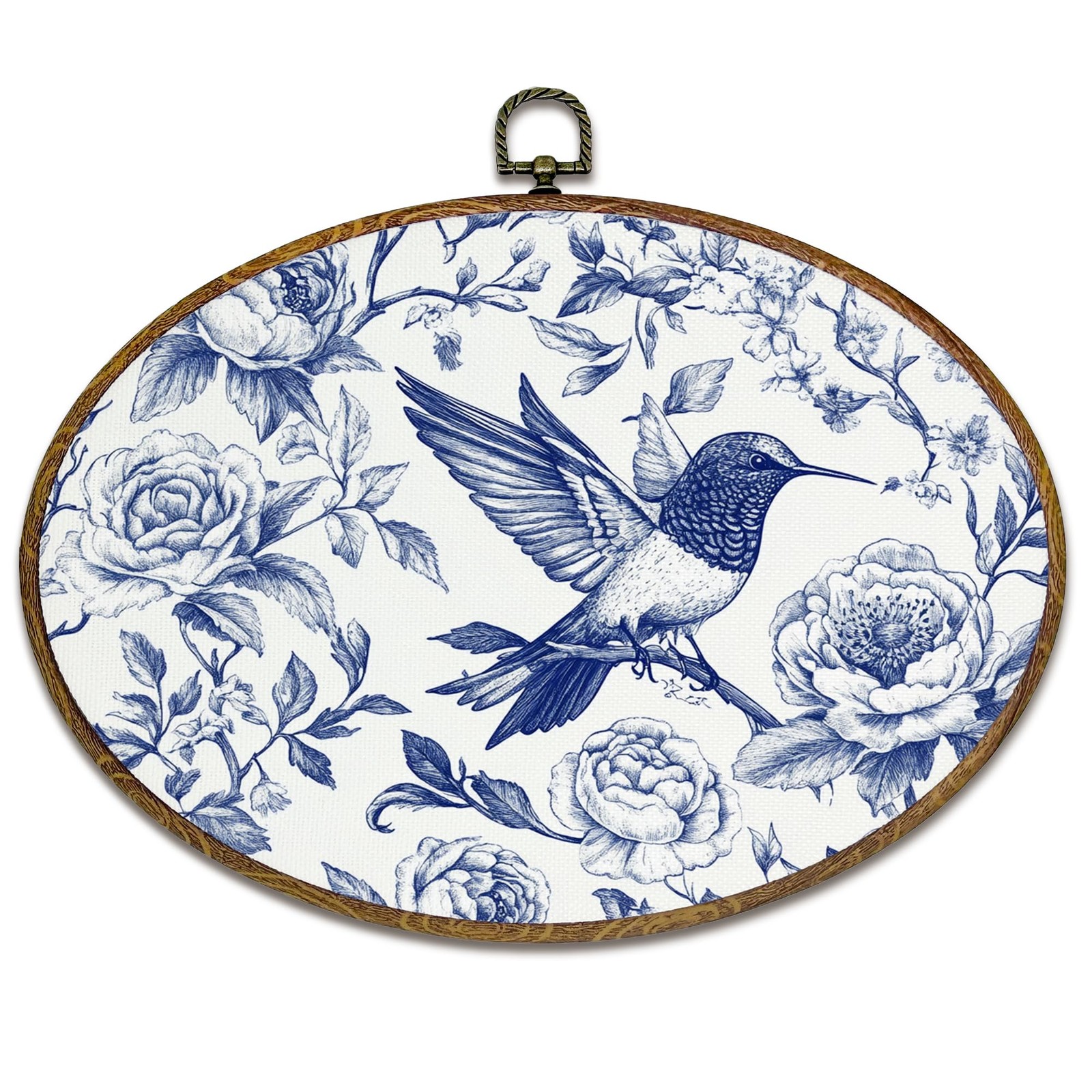 Chinoiserie Hummingbird Floral Oval Wall Art Decor, Blue and White Chinoiseri…