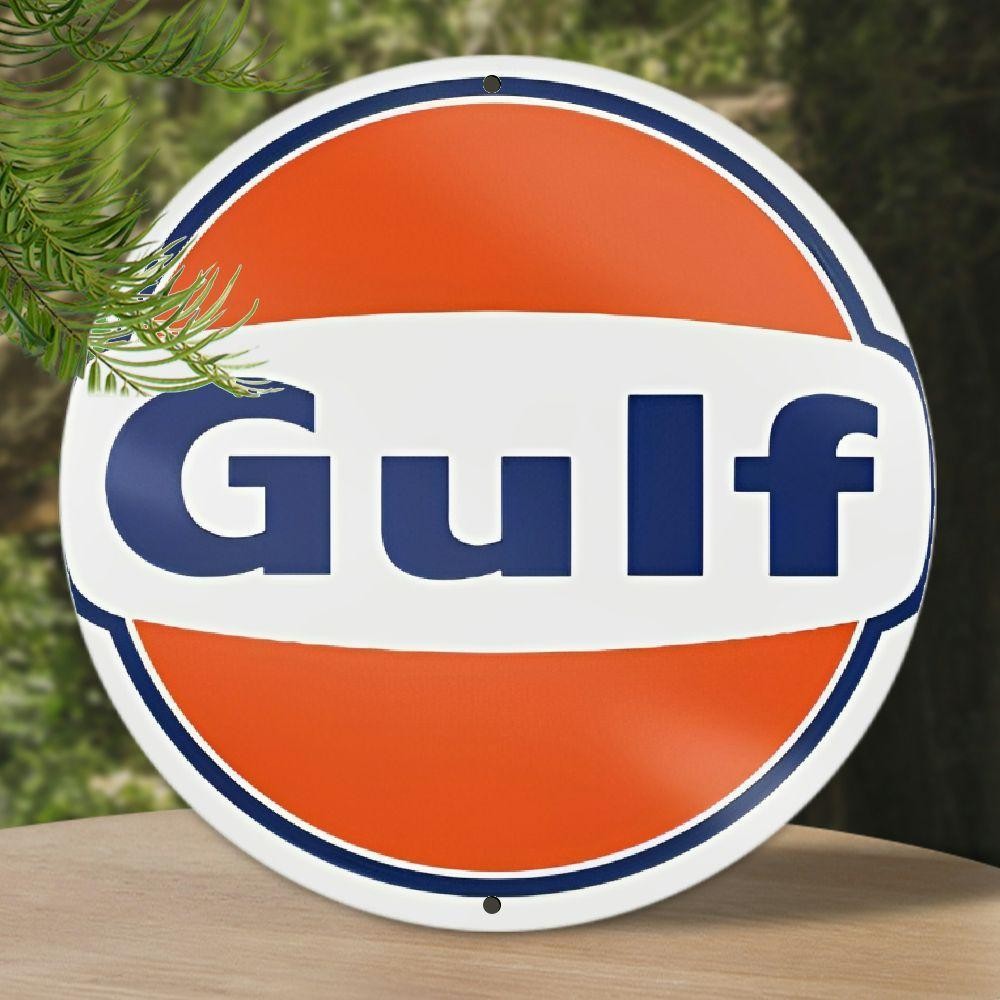 1pc Vintage Gulf 8×8 Inch Aluminum Tin Metal Signs, 20x20cm Round Wall Decor, Sc